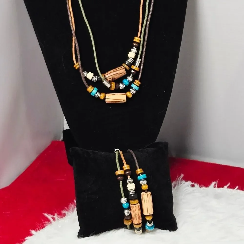 Bohemian Layered Wood Bead Necklace Bracelet Set Adjustable Faux Leather Unisex